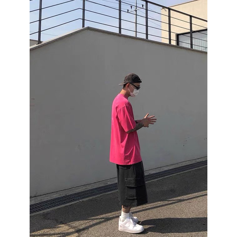 Áo thun màu hồng Stussy 2 mặt nam nữ form rộng tay lỡ Cotton thoáng mát