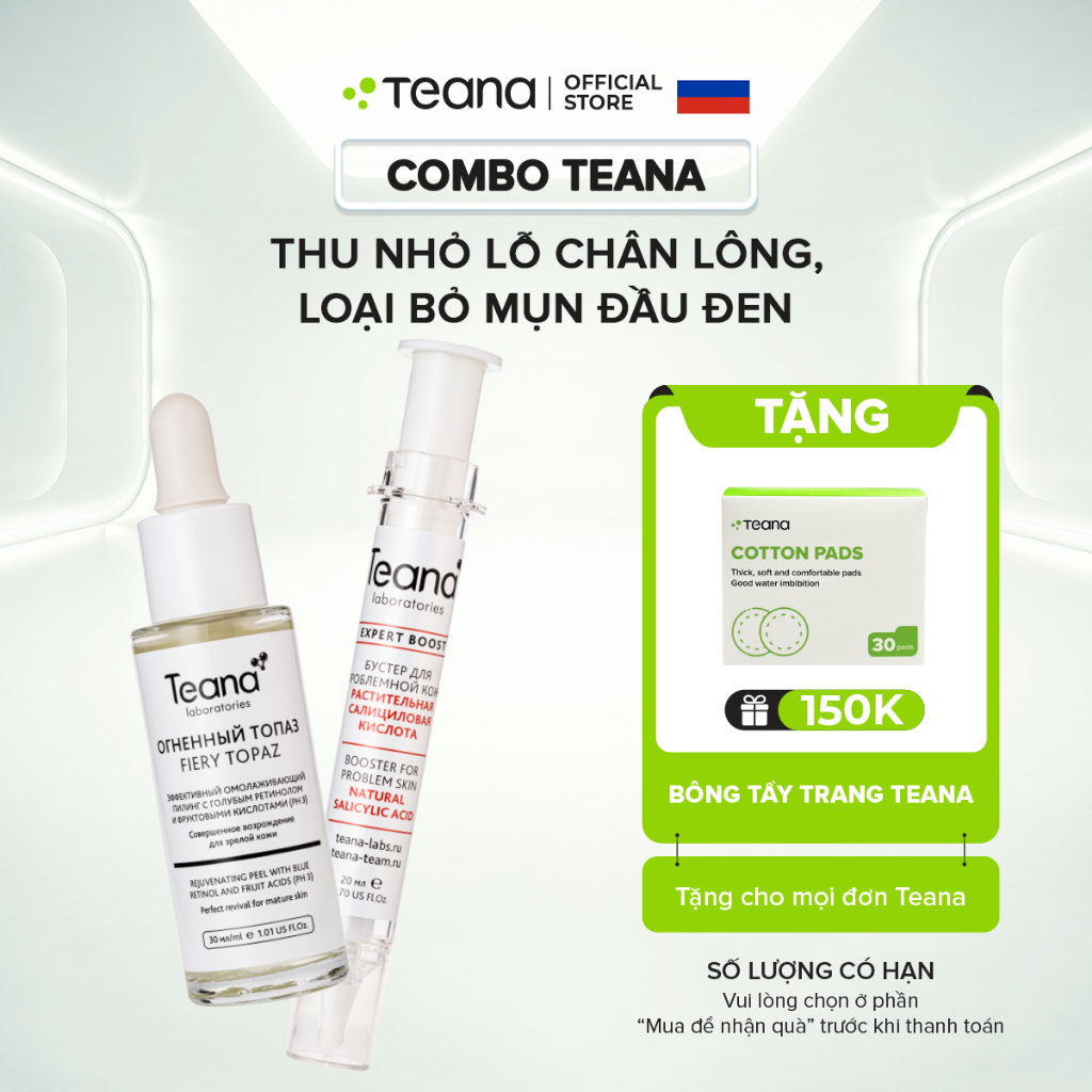 Combo Tinh chất dưỡng Teana thu nhỏ lỗ chân lông, loại bỏ mụn đầu đen - 30ml (peel + booster bha)