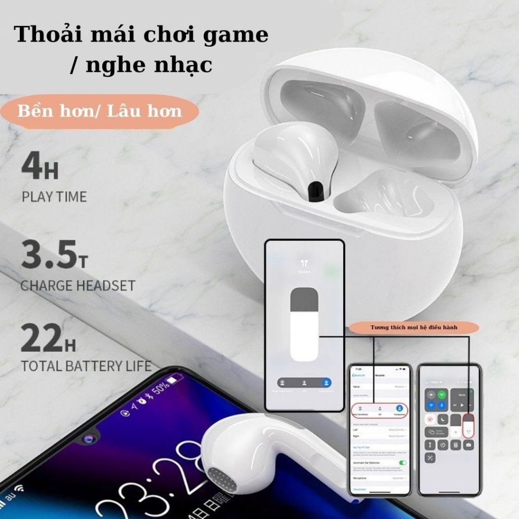 Tai Nghe Bluetooth Pro 6 Tws 5.0 Hai Tai Stereo Wireless Mini Headphone Với Micrô Tích Hợp Chất Lượng âm Thanh Hifi