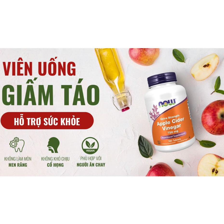 Viên uống giấm táo giảm cân Now Apple Cider Vinegar (180 viên) hỗ trợ giảm mỡ, cải thiện tiêu hóa