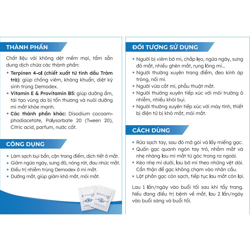 Miếng gạc lau mi mắt OCUVANE PLUS - Hungary lau sạch mắt sau trang điểm, viêm bờ mi, sạch bụi bẩn chất dầu dư thừa mắt