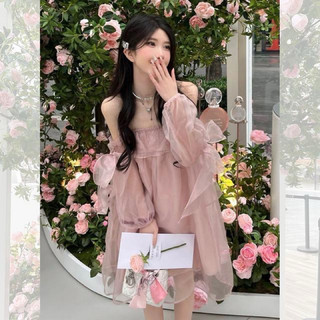 Đầm trễ vai 2 hồng tiểu thư thắt 2 bên dễ thương