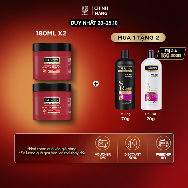 Combo 2 Kem ủ TRESemmé Keratin Smooth Tinh Dầu Argan Vào nếp suôn mượt 180ML/ hộp