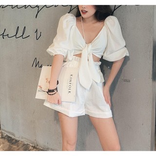 Set quần short áo crop cột nơ tay phồng đi biển siêu sexy