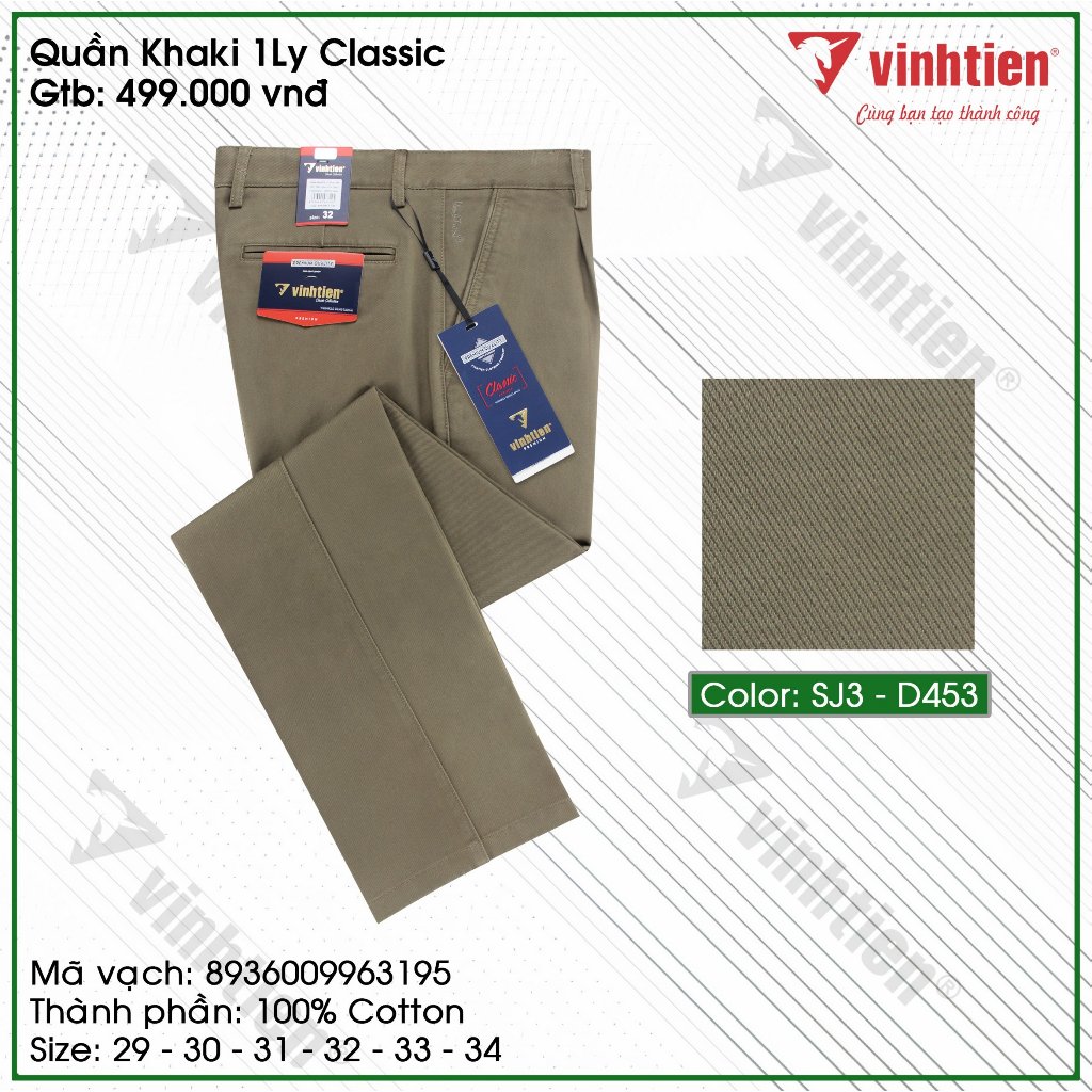 Quần kaki nam trung niên 1 ly classic Vĩnh Tiến vải dệt nống chéo 100% cotton màu trơn 499