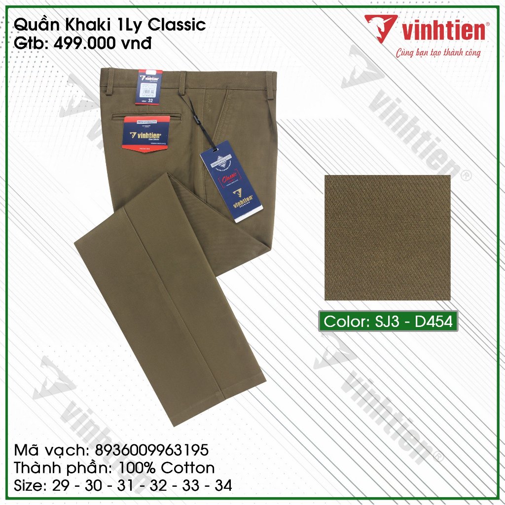 Quần kaki nam trung niên 1 ly classic Vĩnh Tiến vải dệt nống chéo 100% cotton màu trơn 499