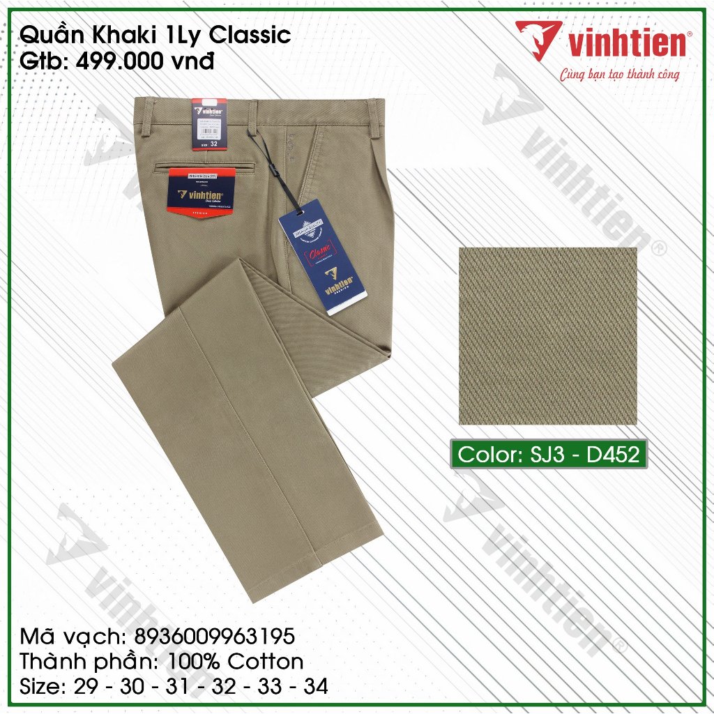 Quần kaki nam trung niên 1 ly classic Vĩnh Tiến vải dệt nống chéo 100% cotton màu trơn 499
