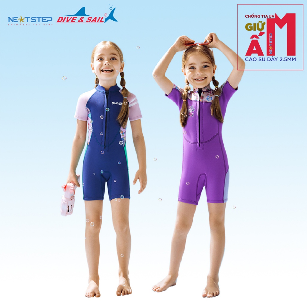 Đồ bơi giữ nhiệt cho bé gái hiệu Dive and Sail vải chống tia UV chất liệu cao su Neoprene dày 2.5mm chống thấm nước size