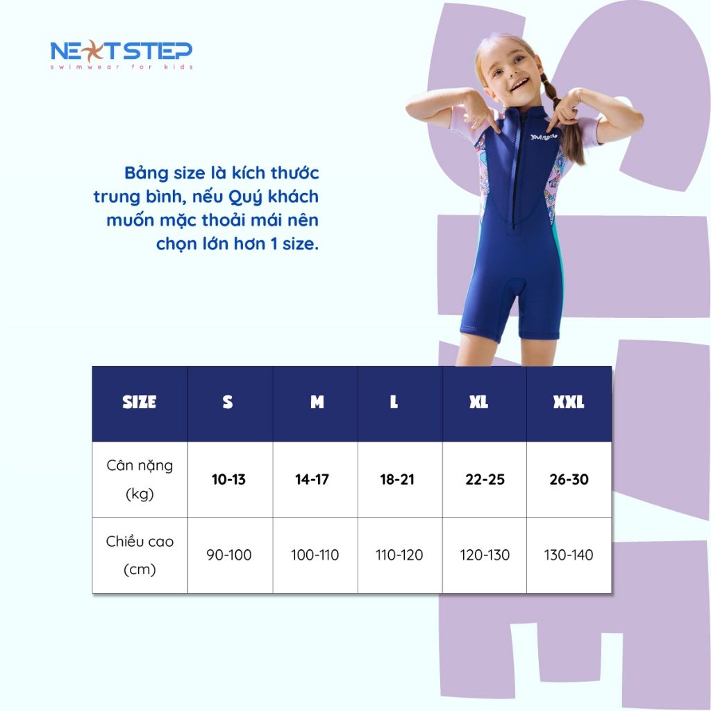 Đồ bơi giữ nhiệt cho bé gái hiệu Dive and Sail vải chống tia UV chất liệu cao su Neoprene dày 2.5mm chống thấm nước size