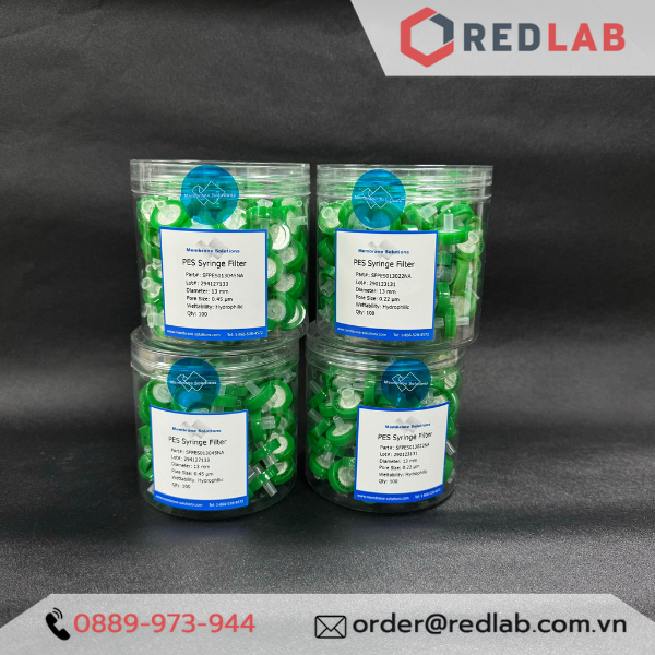 Đầu lọc syringe PES, không tiệt trùng, đường kính 13 mm lỗ lọc 0.22 µm và 0.45 µm, ưa nước, Membrane Solutions  -  USA
