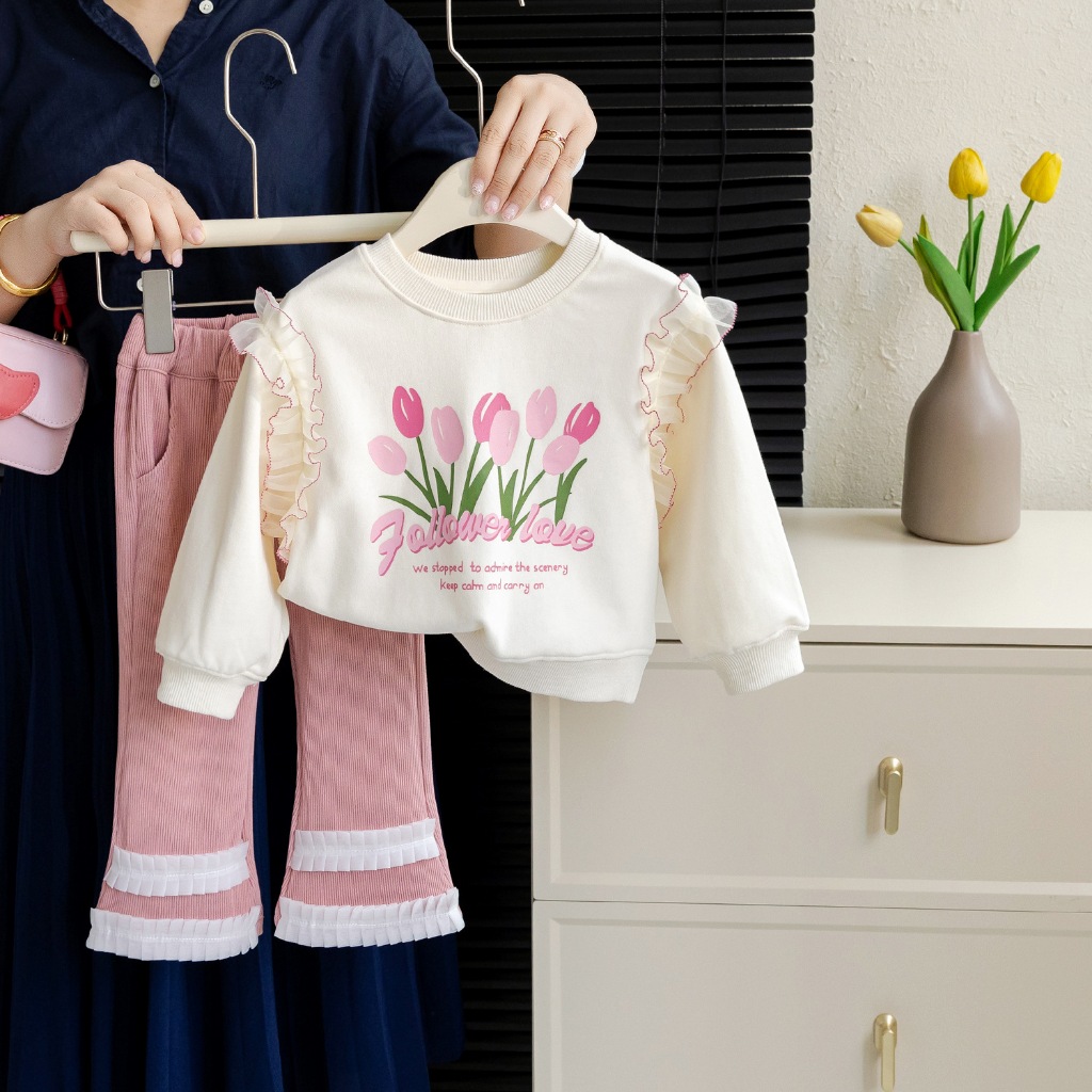 Bộ Quần Áo Thu Đông Dài Tay Chất Nỉ Da Cá Cao Cấp Dày Ấm Tay Bèo Dễ Thương Cho Bé Gái Trẻ Em Size Nhí Đại