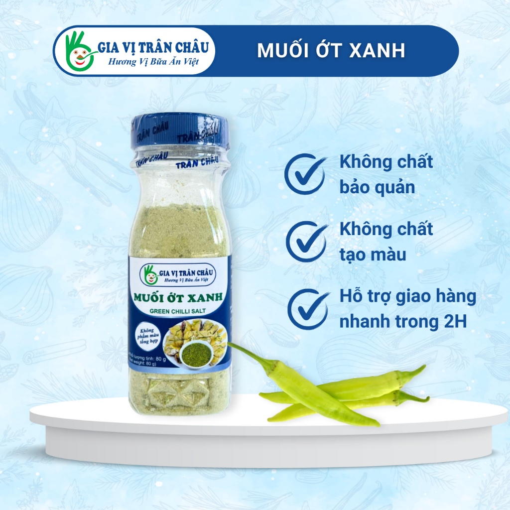 Muối ớt xanh Trân Châu hũ 80g, với 70% là ớt, giúp món ăn thơm ngon tuyệt vời, dùng để chấm thịt nướng, hải sản