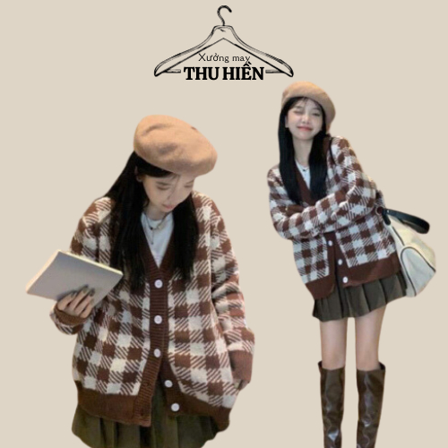 Áo khoác cardigan nỉ cổ V hoạ tiết kẻ ô nâu trắng cúc dọc dáng rộng tay bo cực xinhh phong cách Hàn Quốc XUONGMAYTHUHIEN