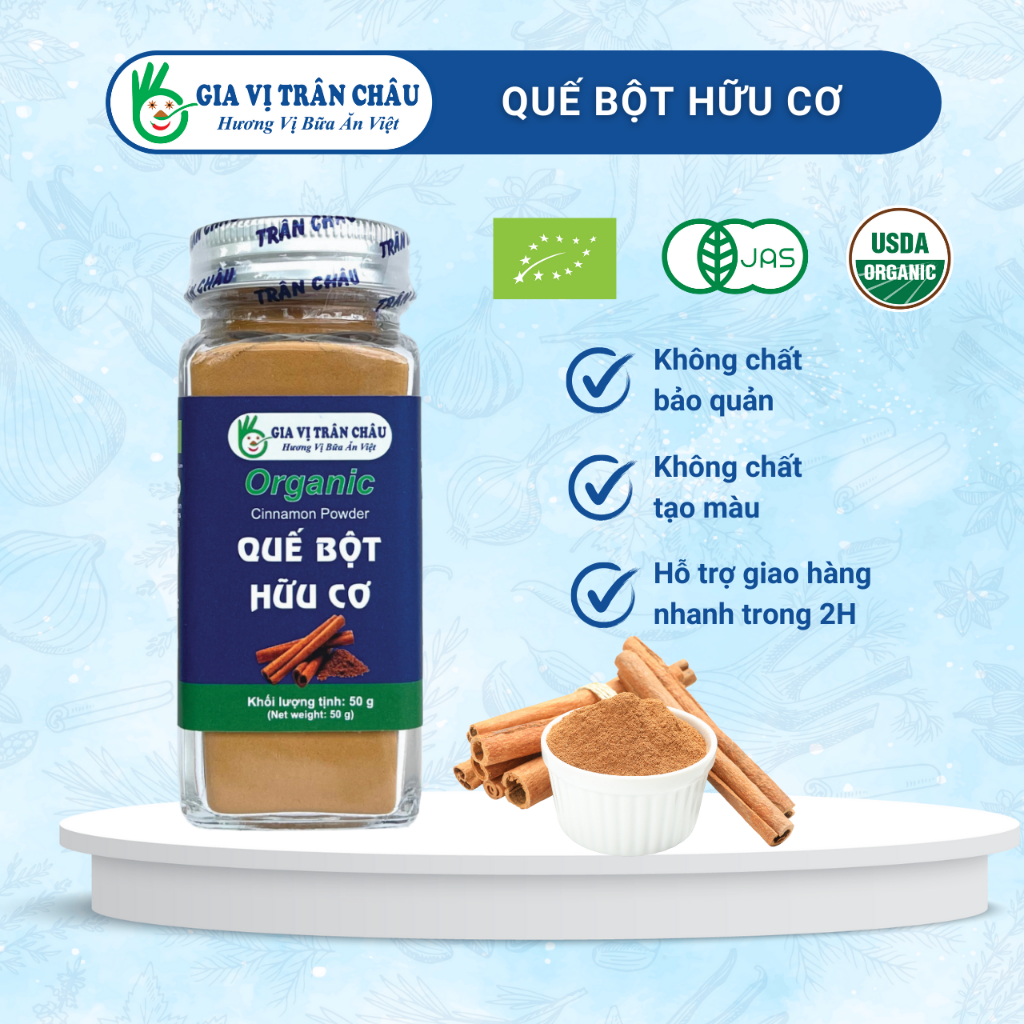 Quế bột hữu cơ Trân Châu hũ 45g, gia vị nấu phở, bò kho, tẩm ướp thực phẩm tốt cho sức khỏe, hũ thủy tin tiện dụng