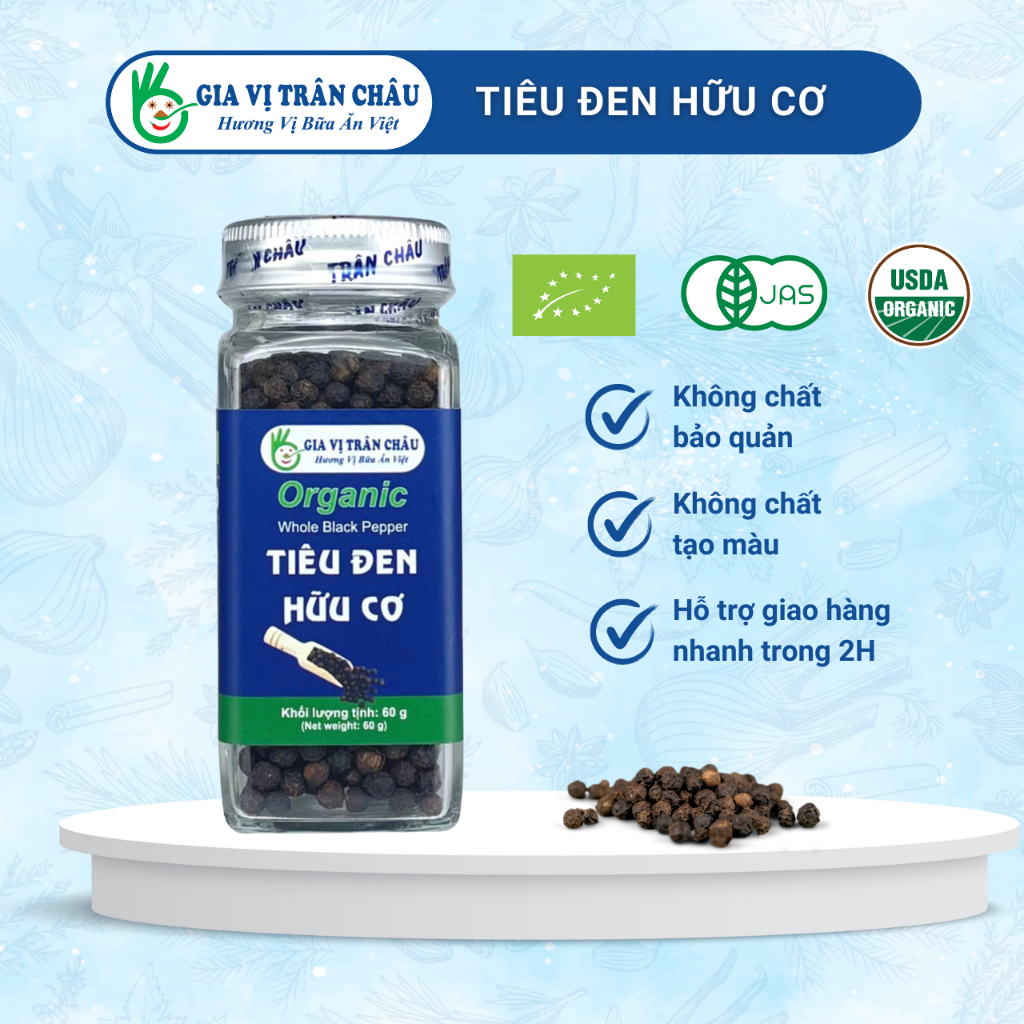 Tiêu đen nguyên hạt hữu cơ Trân Châu hũ 60g, 100% nguyên liệu sạch tự nhiên, hạt tuyển chọn, không tẩy rửa.