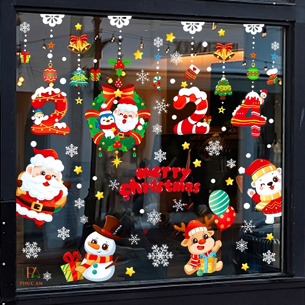 Decal noel 2024 kích thước to sẵn keo trang trí tường, cửa kính noel, giáng sinh Phuc An Wall Decor