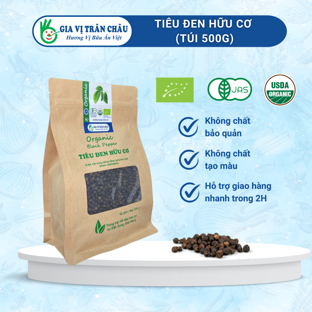 Tiêu đen hữu cơ túi giấy 500g Trân Châu, dạng nguyên hạt, hàng chuẩn xuất khẩu, hạt to tròn chắc thơm cay