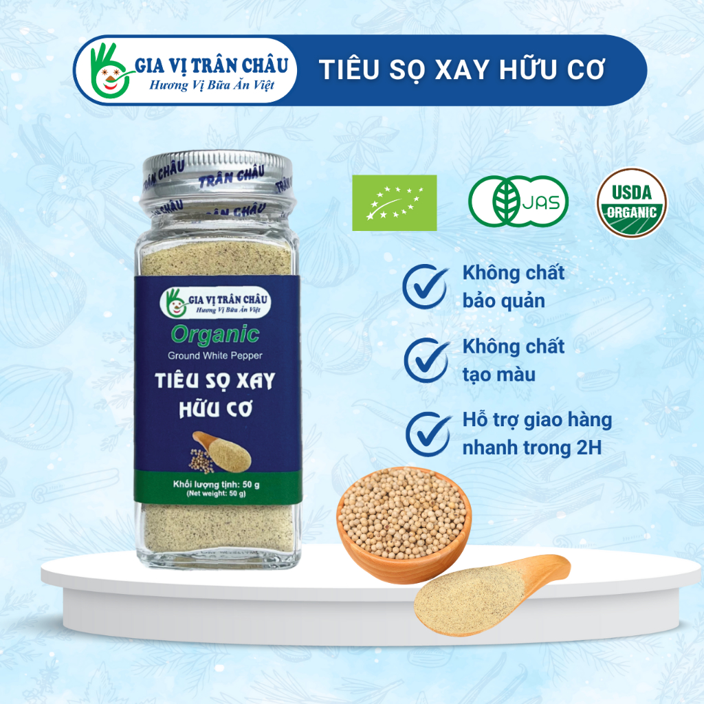 Tiêu sọ xay hữu cơ Trân Châu hũ 50g, sạch nguyên chất 100%, đóng hũ thủy tin, hương hơm nồng vị cay the, nêm nếm