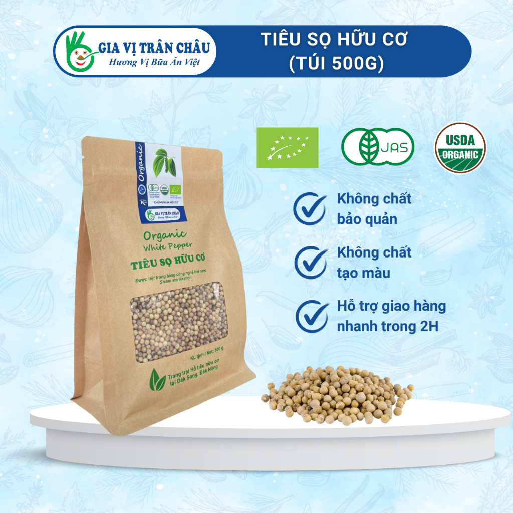 Tiêu sọ hữu cơ túi giấy 500g Trân Châu, chuẩn hàng xuất khẩu, 100% tự nhiên