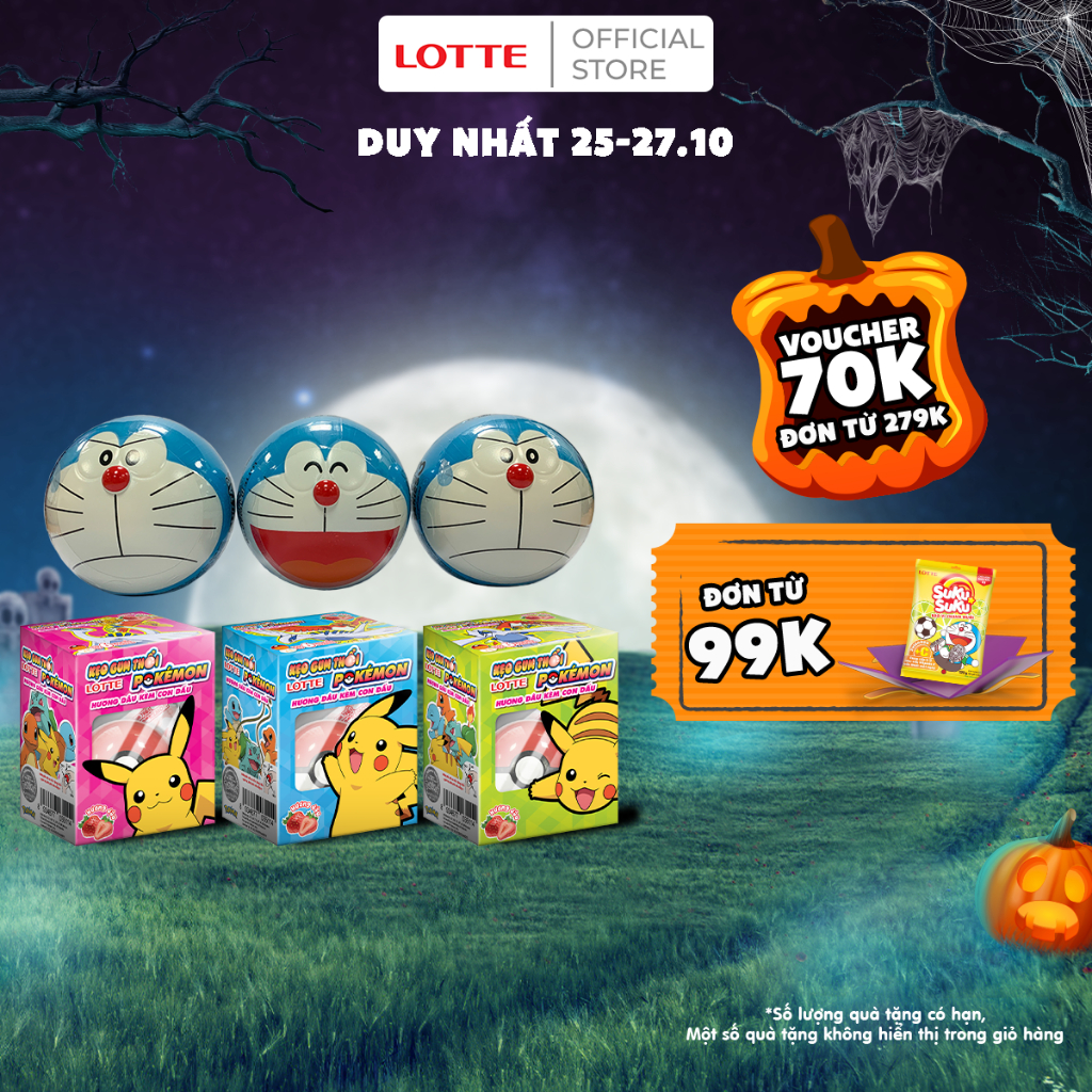 Combo 3+3 Bóng Doraemon kẹo gum hương Cam(3g) & Kẹo gum Lotte Pokemon Hương Dâu ( Mẫu Ngẫu Nhiên)