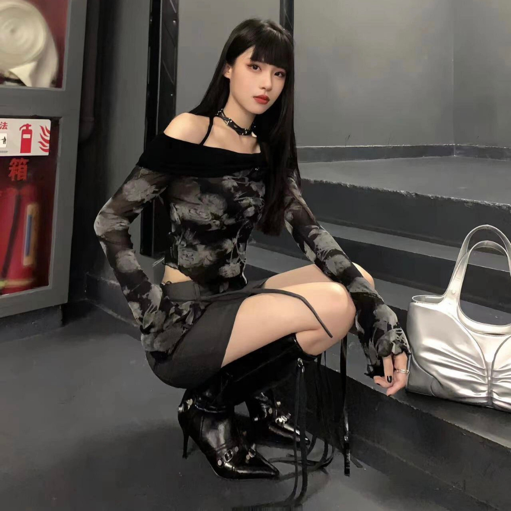 Áo trễ vai tay dài phối lưới, áo trễ vai dài tay Dingding thời trang Y2K hiện đại