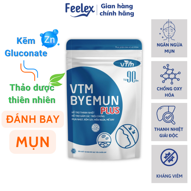 Viên uống Feelex Byemun Giảm Mụn Viêm, Ẩn, Thâm, Đầu Đen Cho Da Dầu Mụn Bổ sung Kẽm ZinC,vitamin C gói 30 viên (30 ngày)