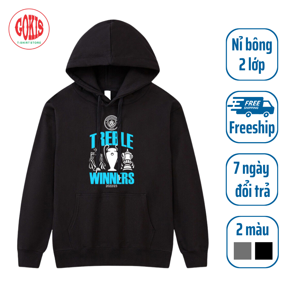 Áo hoodie Manchester City kỉ niệm cú ăn ba lịch sử, vải nỉ bông 2 lớp form rộng - Áo khoác có mũ Man City Gokis shop