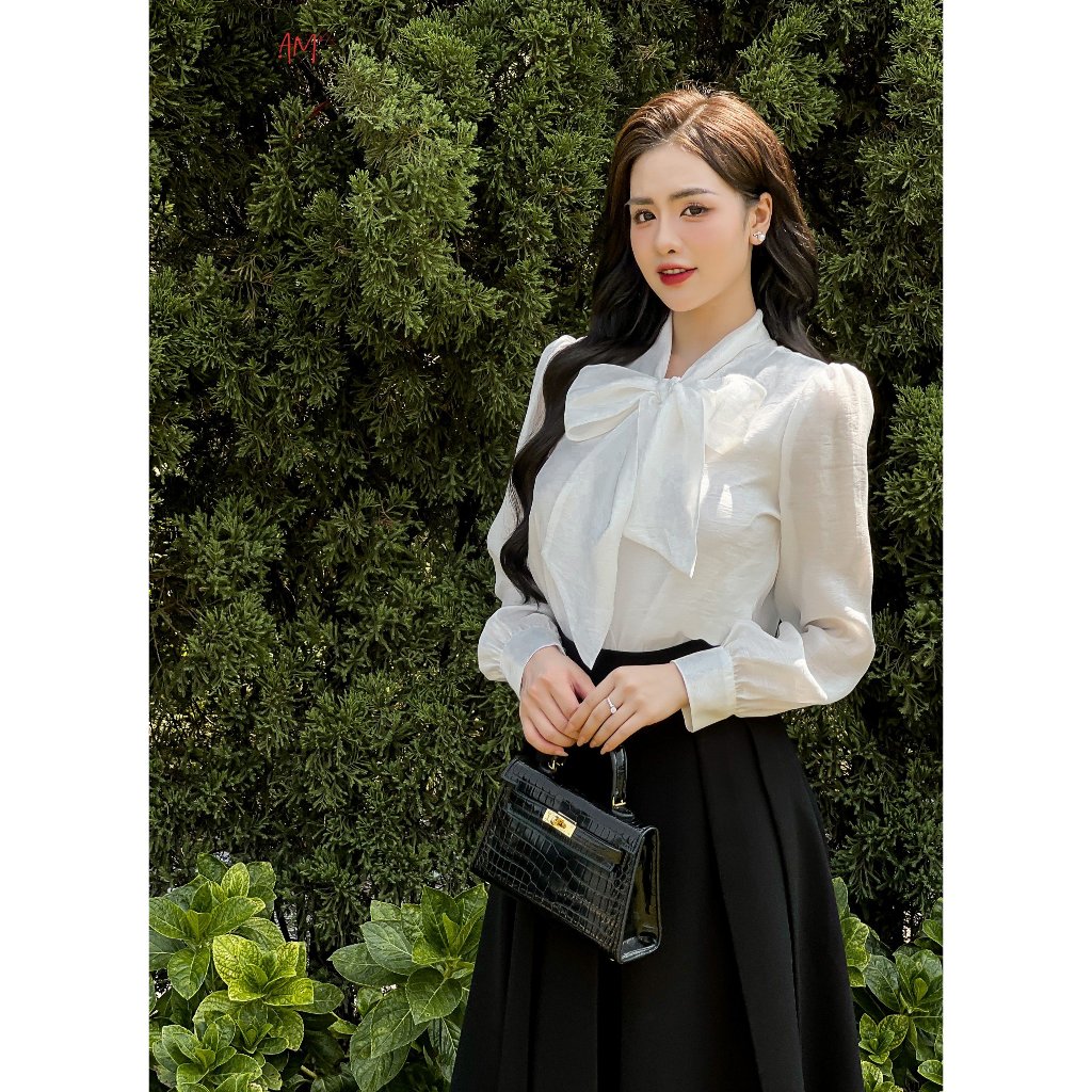 Áo sơ mi tay dài trắng nơ cổ thời trang nữ Seven.AM OA0105I