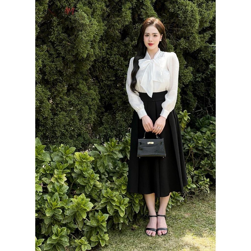 Áo sơ mi tay dài trắng nơ cổ thời trang nữ Seven.AM OA0105I