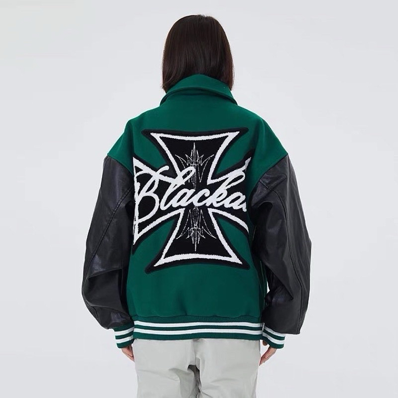 Áo khoác varsity màu xanh dáng rộng hình thêu Black Air phong cách streetwear Brokeboiz