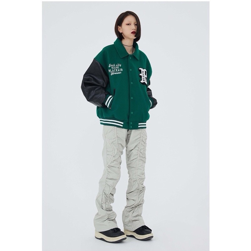 Áo khoác varsity màu xanh dáng rộng hình thêu Black Air phong cách streetwear Brokeboiz