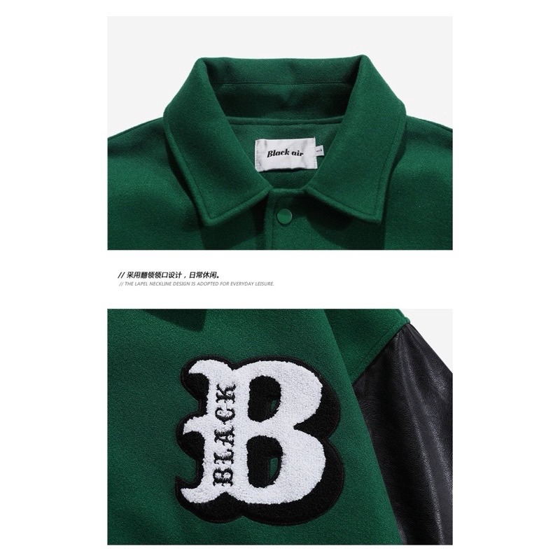 Áo khoác varsity màu xanh dáng rộng hình thêu Black Air phong cách streetwear Brokeboiz