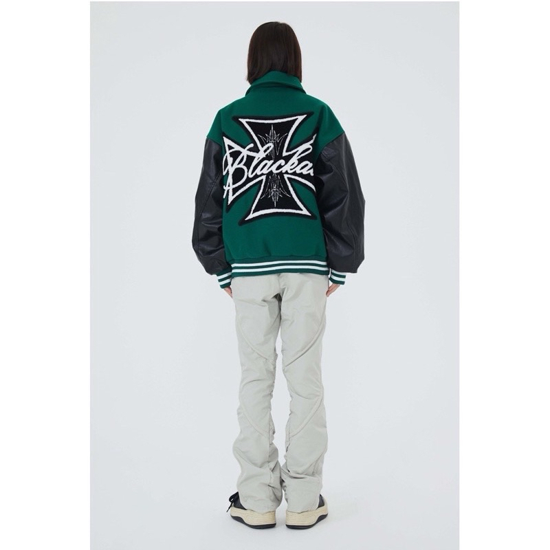 Áo khoác varsity màu xanh dáng rộng hình thêu Black Air phong cách streetwear Brokeboiz