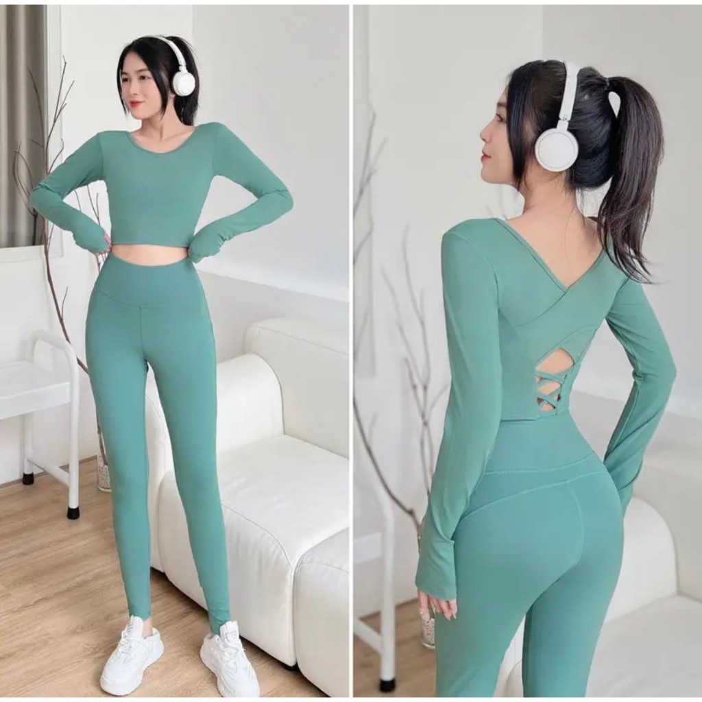 Bộ tập gym yoga nữ dài tay set tập gym nữ mùa đông quần dài áo croptop chất vải thun co giãn kèm sẵn mút