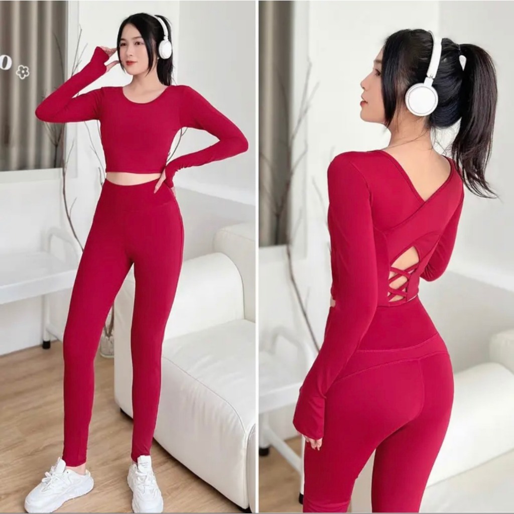 Bộ tập gym yoga nữ dài tay set tập gym nữ mùa đông quần dài áo croptop chất vải thun co giãn kèm sẵn mút