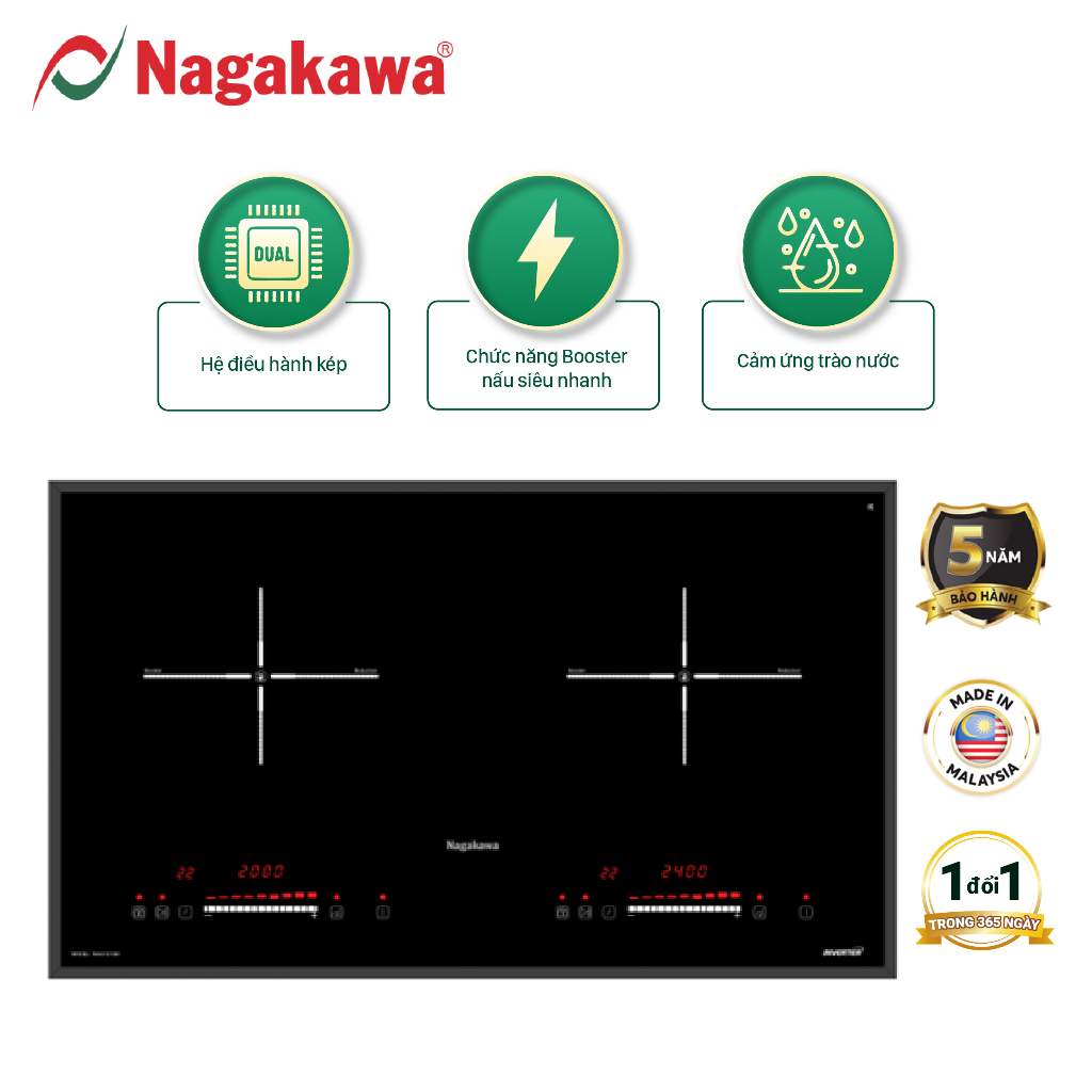 [Giảm ngay 350K - Mã: NAGA350K2] Miễn phí công lắp đặt - Bếp đôi điện từ Inverter Nagakawa NAG1213M - Bảo hành 5 năm