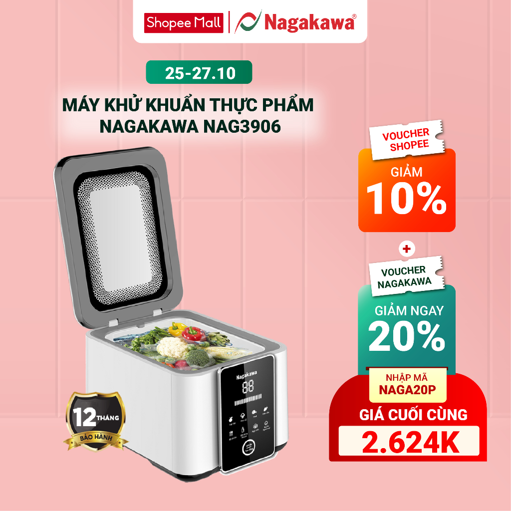 Máy khử khuẩn thực phẩm Nagakawa NAG3906 - Công nghệ Hydroxyl - Bảo hành 1 năm
