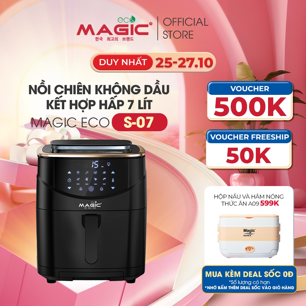 Nồi chiên không dầu kết hợp hấp Magic Eco S07 7L cho gia đình 8-10 người,8 chế độ chiên-hấp tự động,bảo hành chính hãng