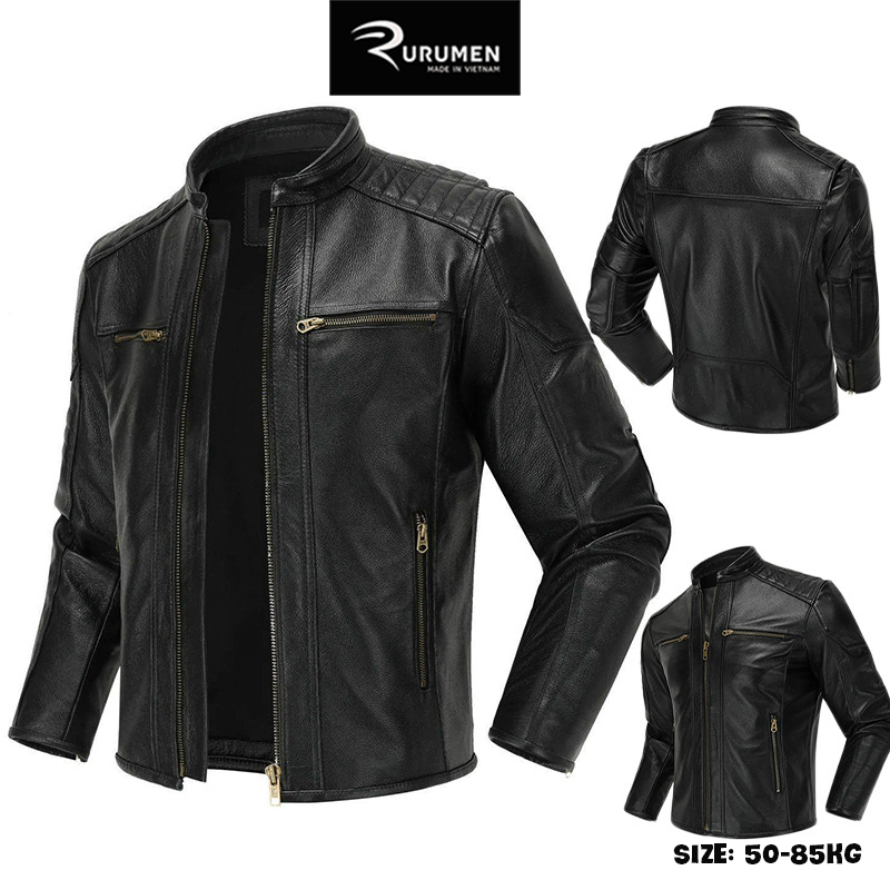Áo Khoác Da Nam Biker Lót Dù RURUMEN Cổ Trụ Dây Kéo Đồng Big Size