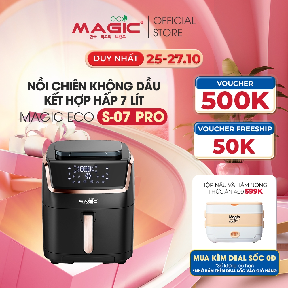 Nồi chiên không dầu kết hợp hấp Magic Eco S07 PRO 7L cho gia đình 8-10 người,8 món ăn cài đặt sẵn,giảm ồn,BH chính hãng