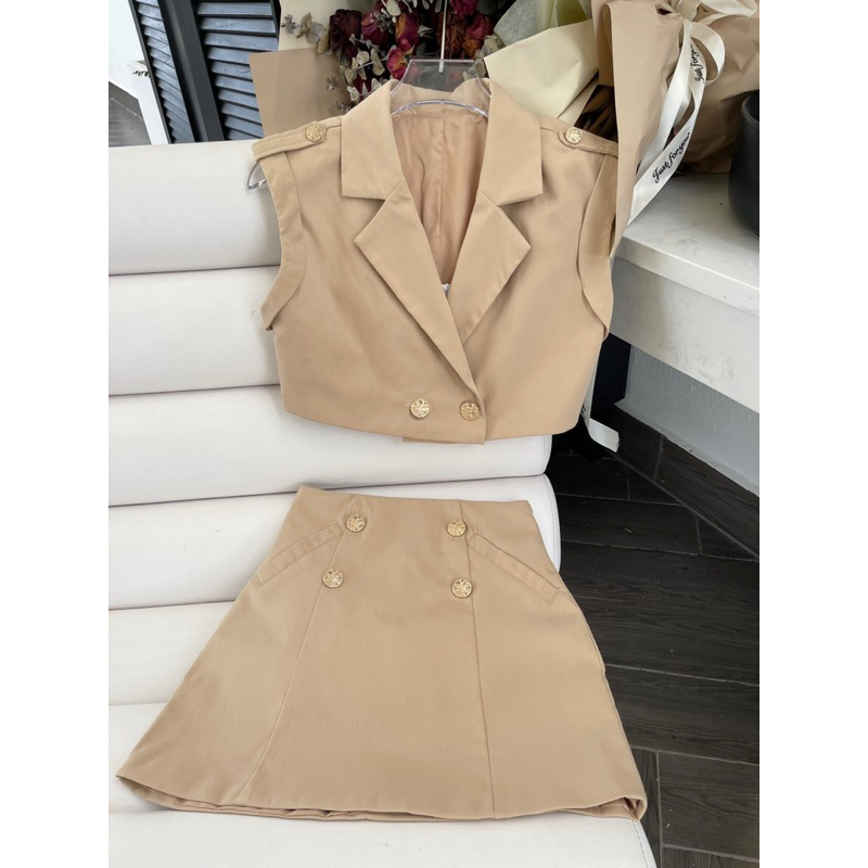 SET CHÂN VÁY ÁO VEST CROPTOP KÈM BRA REN