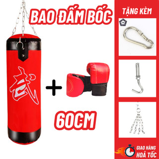 Vỏ bao cát đấm bốc tập võ boxing 60cm 3 lớp siêu bền, vỏ bao boxing tặng kèm bộ đấm bốc tập tại nhà và găng tay cho bé