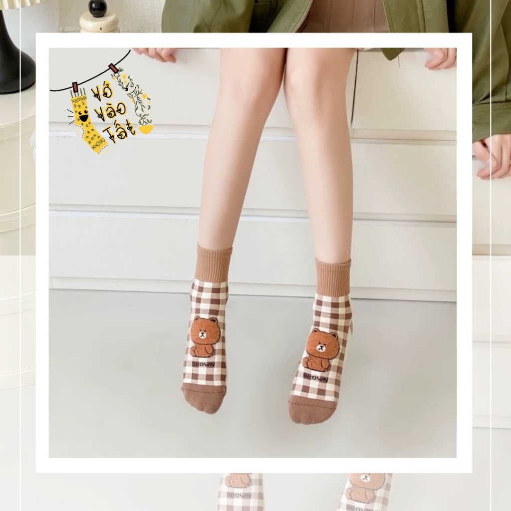 VỚ TẤT CỔ CAO TRUNG HÌNH GẤU MÀU NÂU CHẤT COTTON CAO CẤP