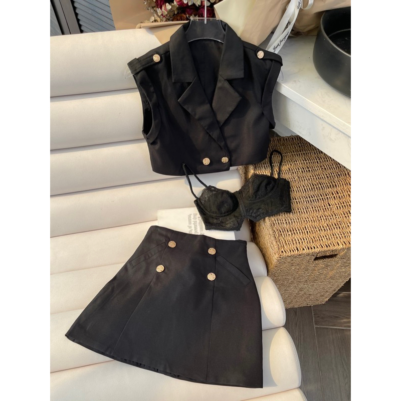 SET CHÂN VÁY ÁO VEST CROPTOP KÈM BRA REN