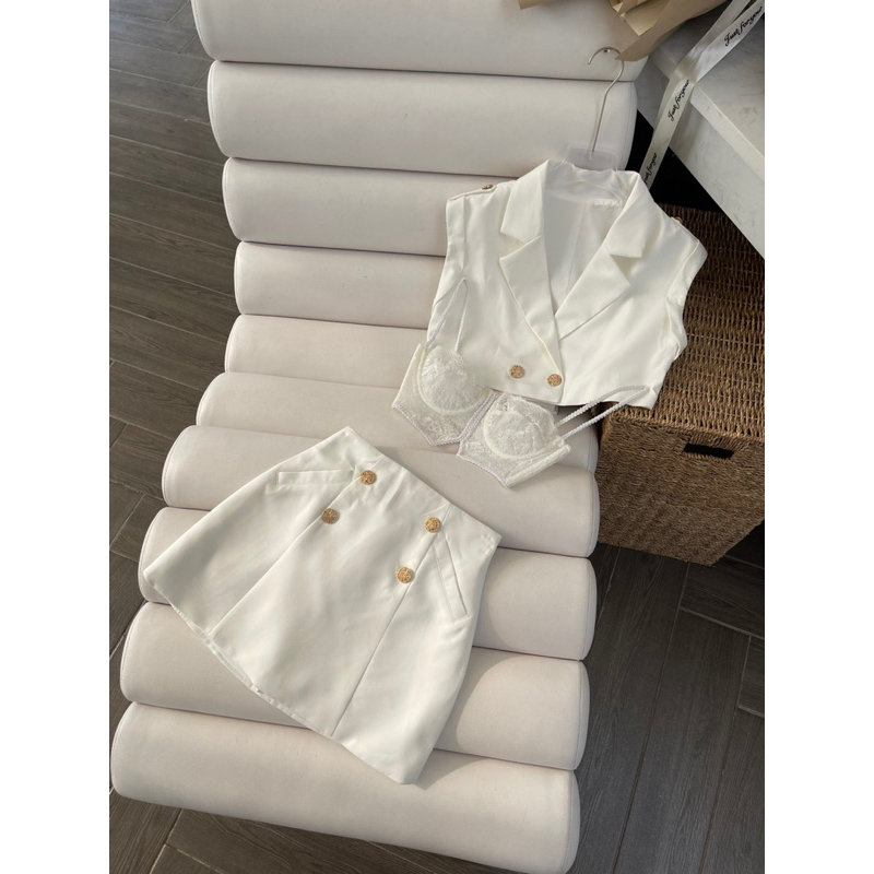 SET CHÂN VÁY ÁO VEST CROPTOP KÈM BRA REN
