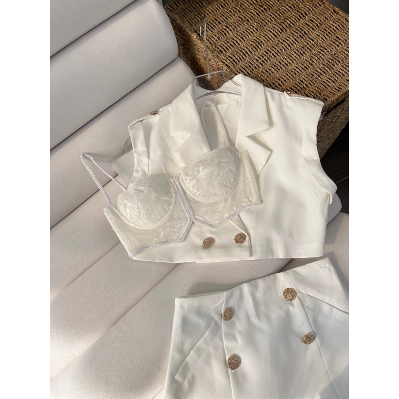 SET CHÂN VÁY ÁO VEST CROPTOP KÈM BRA REN