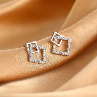 Khuyên tai bạc nữ TWINKLE TIME mặt vuông kép nạm đá sang trọng TT106