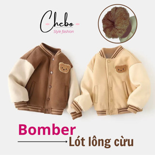 Áo khoác bomber lót lông cừu cho bé trai bé gái, bomber nỉ lót lông siêu mềm mại ấm áo mùa đông phong cách Hàn Quốc