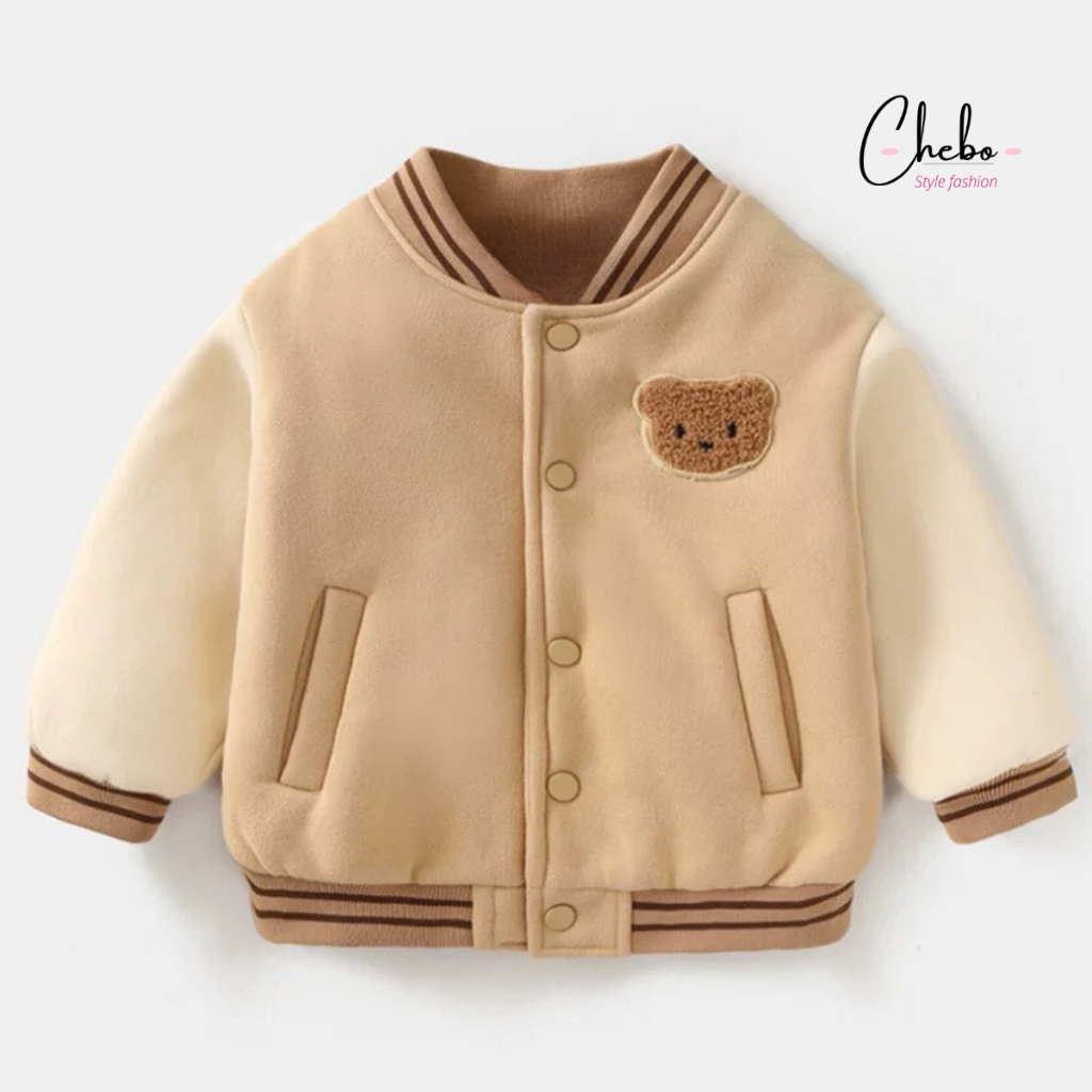 Combo 2 áo khoác bomber Quảng Châu lót lông cừu cho bé gái bé trai thêu gấu phong cách Hàn Quốc, khoác bomber siêu ấm