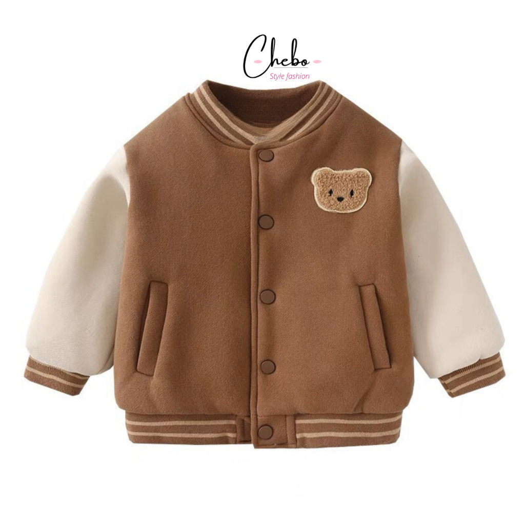 Combo 2 áo khoác bomber Quảng Châu lót lông cừu cho bé gái bé trai thêu gấu phong cách Hàn Quốc, khoác bomber siêu ấm